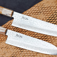 Noževi u setu Kotetsu VG-10 Damascus - gyuto i santoku - veliki su svestrani kuhinjski noževi s vidljivim otiscima čekića, uzorkom damaska i klasičnom japanskom drškom od tikovine (u stilu wa). Izbor VG-10 nehrđajućeg čelika osigurava otpornost na hrđu, izdržljivost i otpornost na habanje.