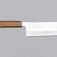 Kurosaki Nakiri Gekko VG-XEOS Migaki 165 mm_1 Oštrica je obrađena do visokog sjaja, pa su u kovačnici nož nazvali Gekko – mjesečina.Oštrica je izrađena od novog VG-XEOS čelika s finom mikrostrukturom, stvorenom pomoću posebne metode taljenja. Čelik ima izvrsnu otpornost na habanje i koroziju.