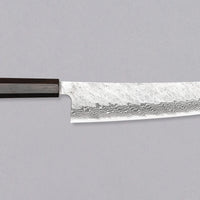 Nigara Kiritsuke Gyuto VG-10 Damascus Tsuchime višenamjenski je japanski kuhinjski nož pogodan za pripremu mesa, ribe i povrća. Jezgra od nehrđajućeg čelika VG-10 garancija je za dugotrajnu oštrinu i minimalno održavanje. Iznimne karakteristike i izgled noža nadopunjuje drška wa tipa, izrađena od luksuzne ebanovine.