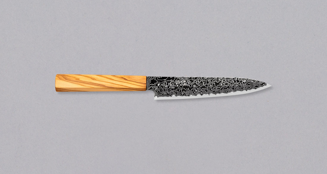Hatsukokoro Mercury Petty Kurozome Damascus 150 mm [Mono Olivewood]
