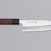 Muneishi Santoku Damascus 165 mm svestrani je japanski kuhinjski nož, namijenjen pripremi mesa, ribe i povrća. Damaščanski uzorak izrazit je na donjem dijelu oštrice, gdje se odjednom završi te prelazi u migaki, poliran do visokog sjaja. Japanska (Wa) drška od palisandera, udobna je za ljevake i za dešnjake.